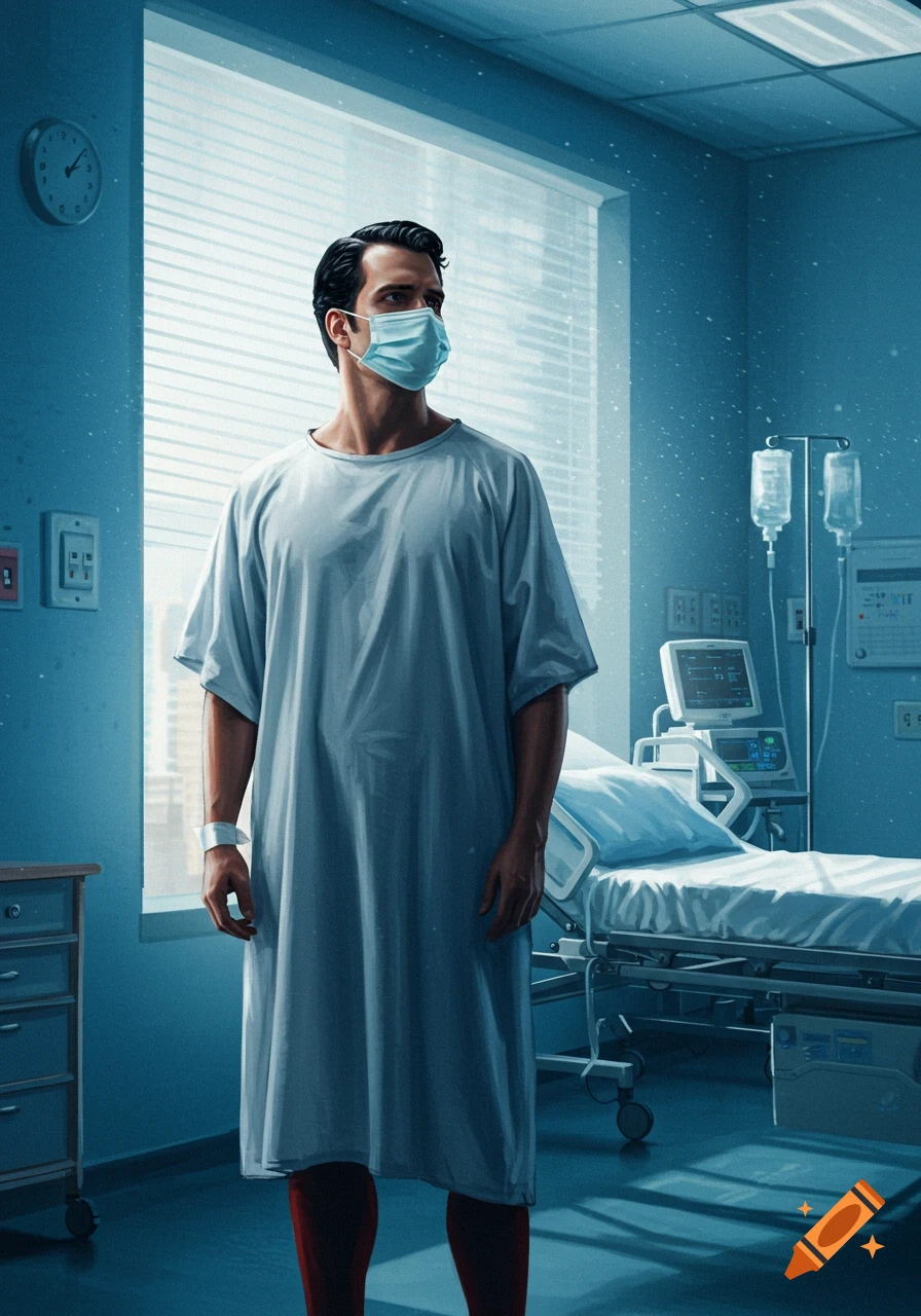 Man dressed as Superman in a hospital gown and mask stands in a hospital room.