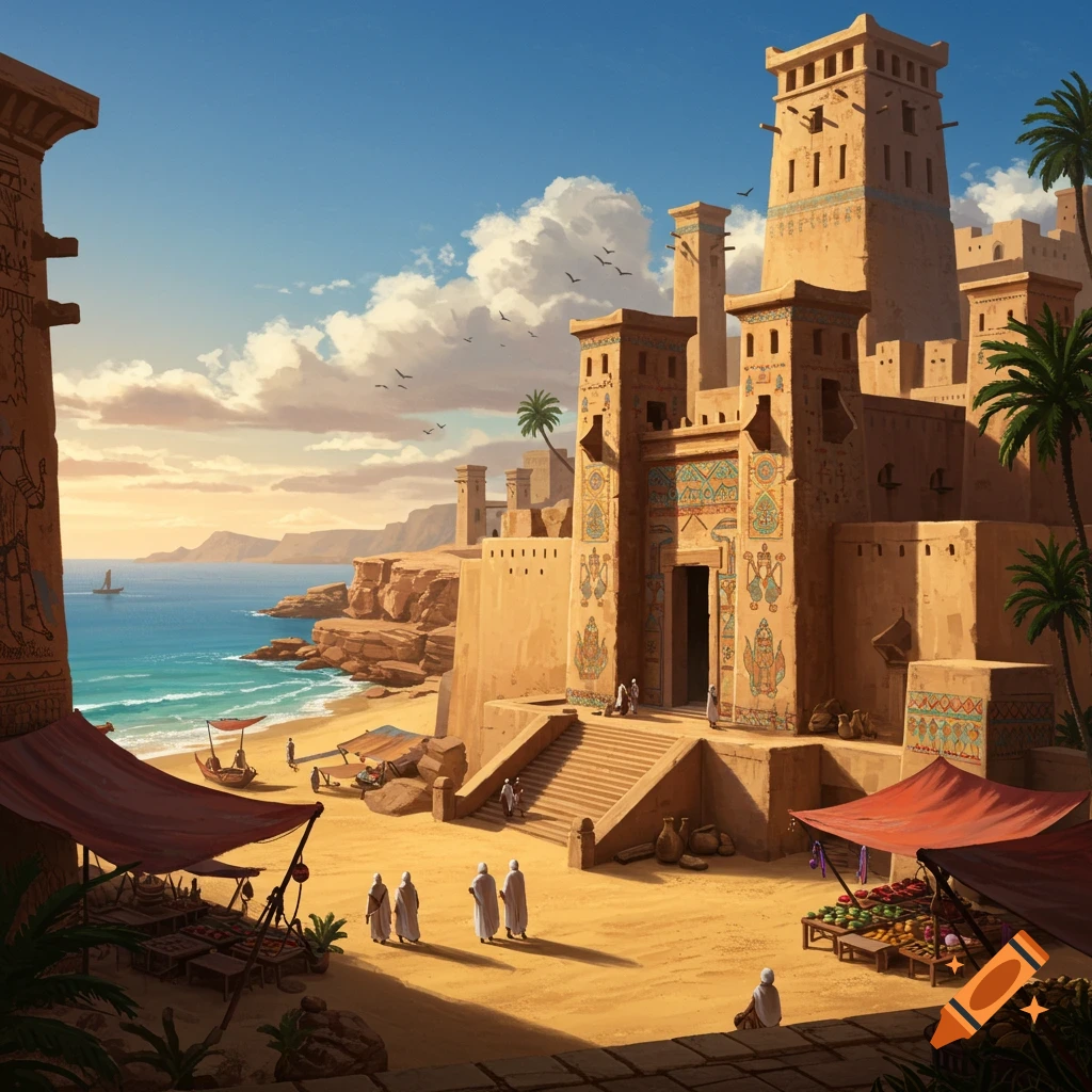 An ancient desert city with large sandstone buildings and market stalls on a sunny beach next to the blue sea.