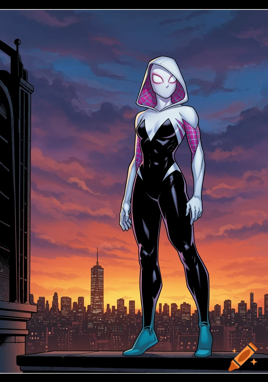 A comic book-style portrait of Spider-Gwen standing on a rooftop overlooking a city at sunset.