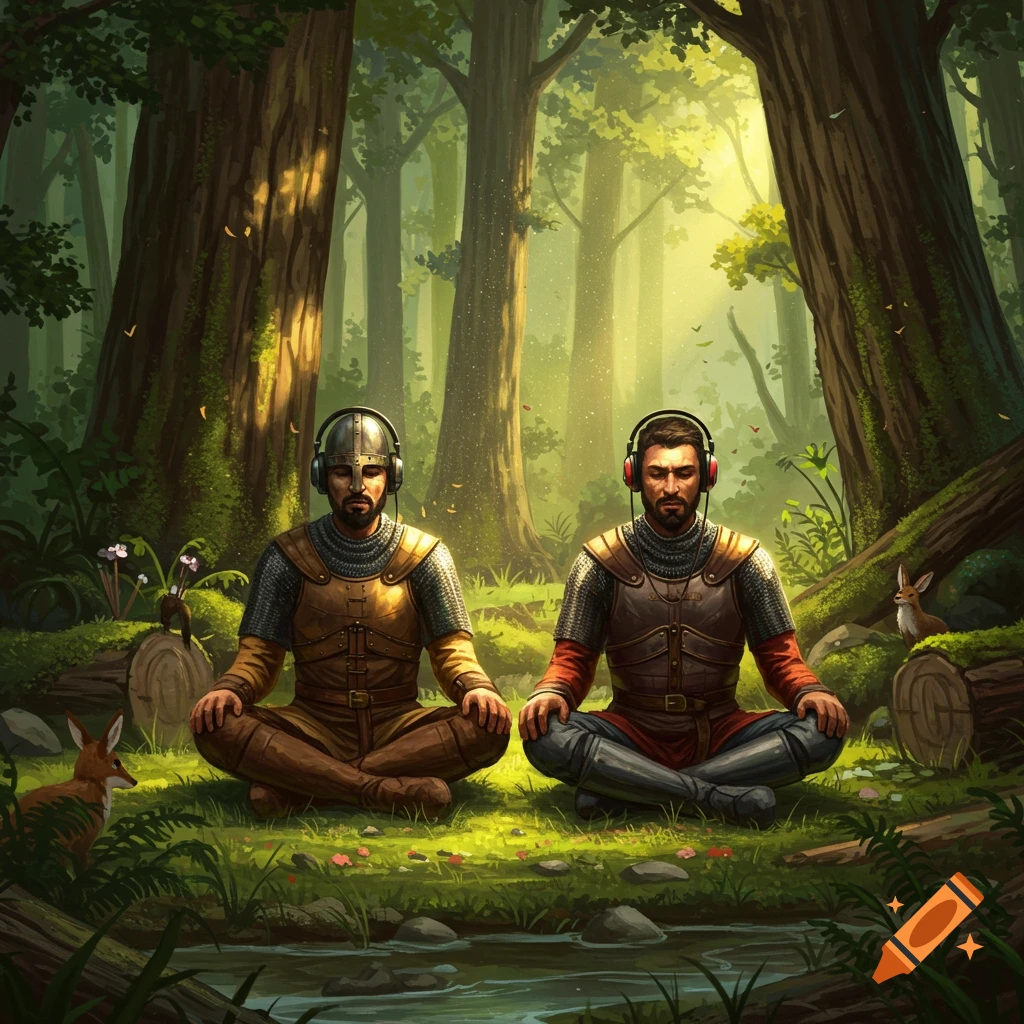 Two warriors with headphones sit meditating in a lush, sunlit forest by a stream. Digital painting.