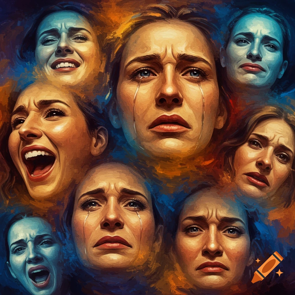 Multiple painted female faces expressing a range of intense emotions like sadness and anger, with textured brushstrokes.
