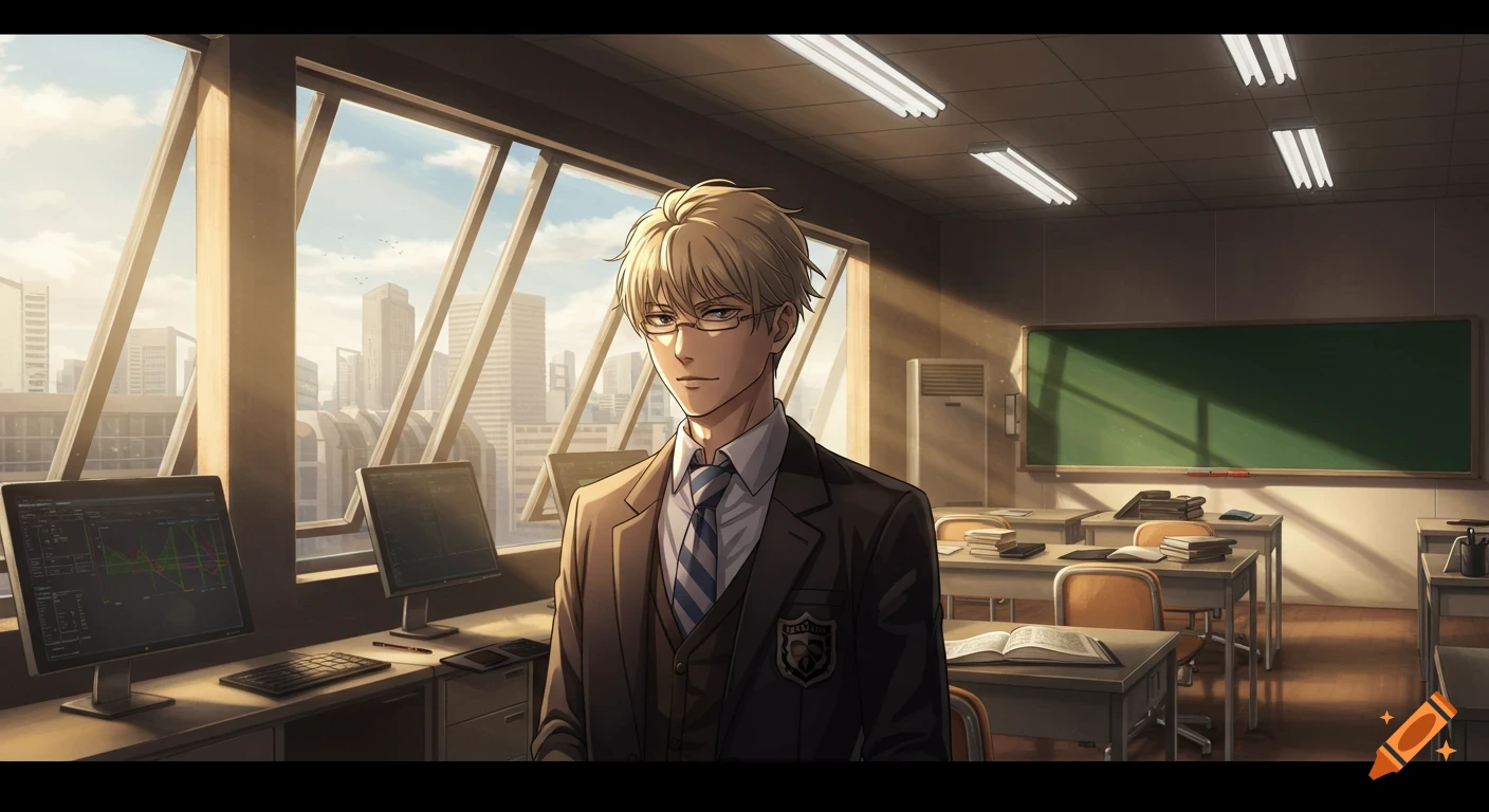 An anime male character with blonde hair and glasses stands in a sunlit classroom overlooking a city, with computers on a desk.