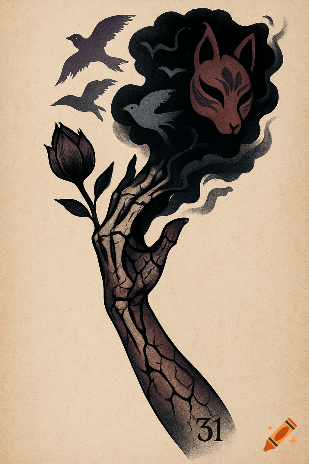 Stylized art of a skeletal arm with cracked skin holding a dark lotus, with black smoke rising to form birds and a Kitsune mask. The number 31 is on the arm.