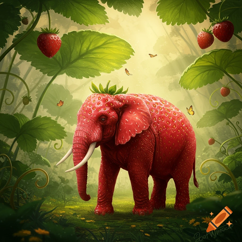 A large red elephant covered in strawberry seeds with green leaves on its head stands in a lush green forest with large strawberries hanging from plants. Butterflies flutter around.