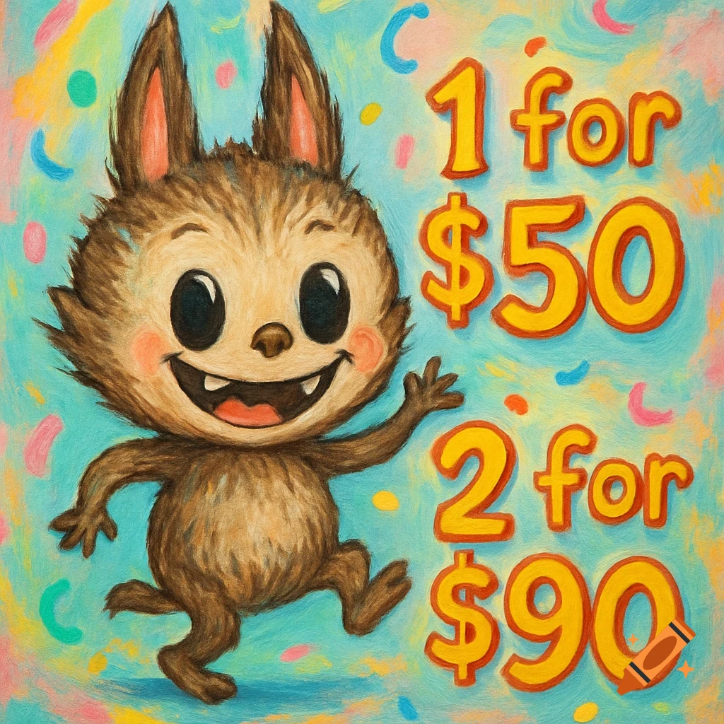 A cute, brown, furry cartoon creature with a big smile jumps on a light blue background with confetti, next to text reading '1 for $50' and '2 for $90'.