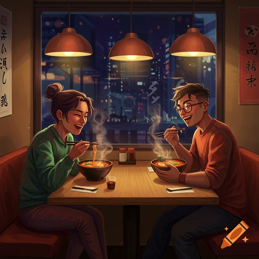 A happy couple sits at a table in a dimly lit restaurant, enjoying steaming bowls of ramen with chopsticks.