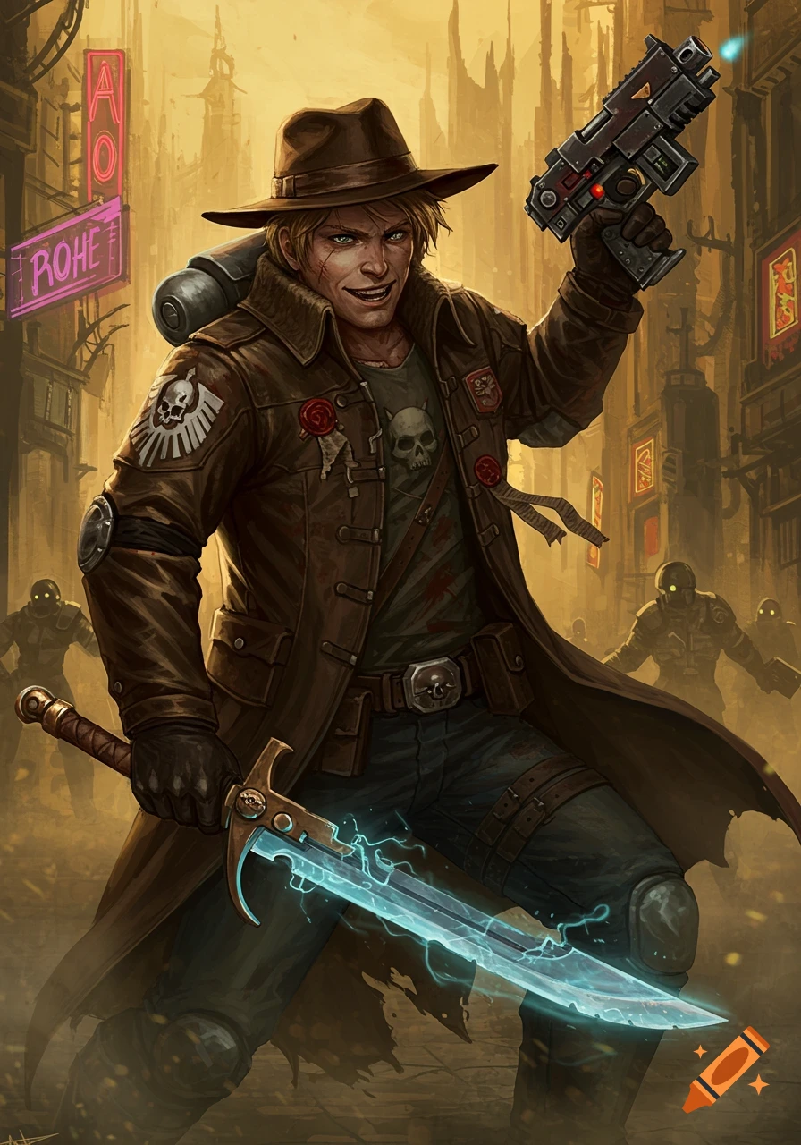 A male rogue trader in a brown coat and fedora, holding a plasma pistol and a glowing power sword, stands in a grimdark hive city.