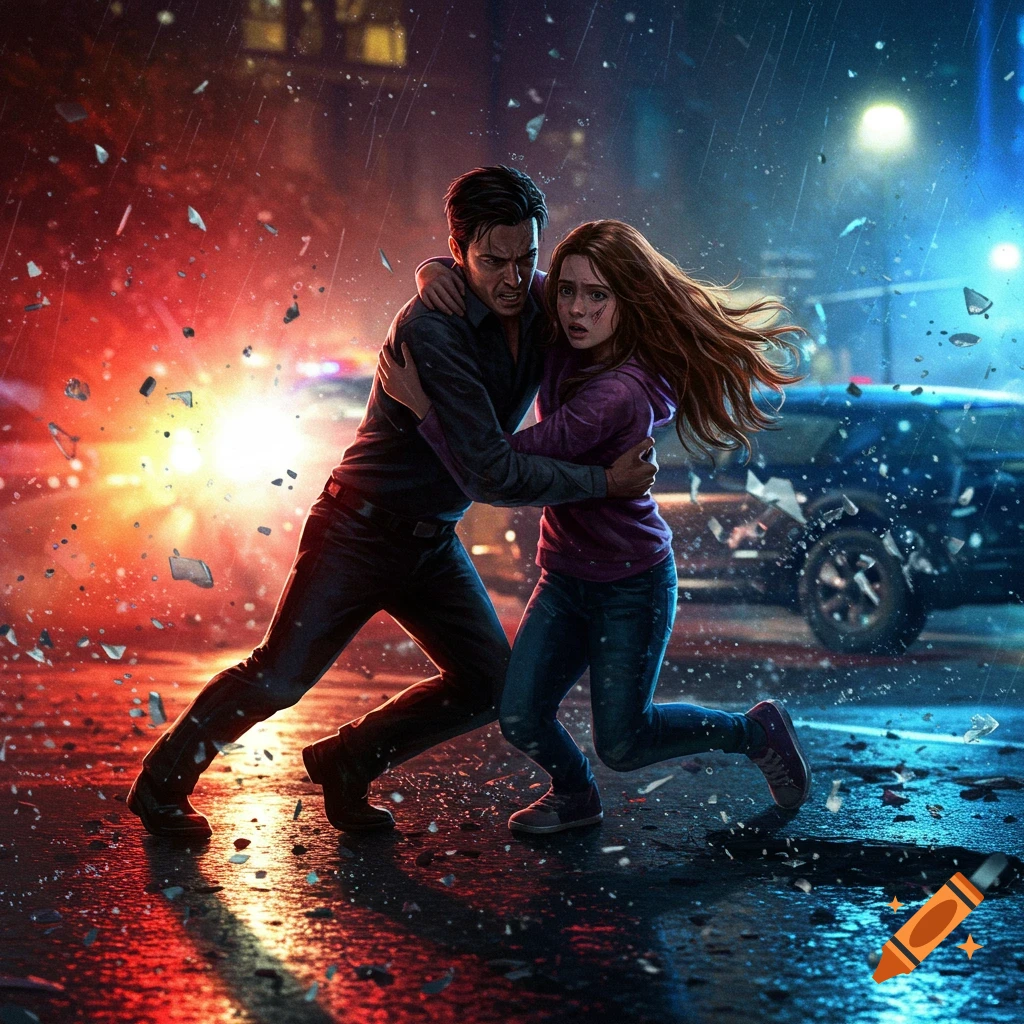 A man embraces a woman to shield her from a fiery explosion and flying debris on a rainy city street at night.