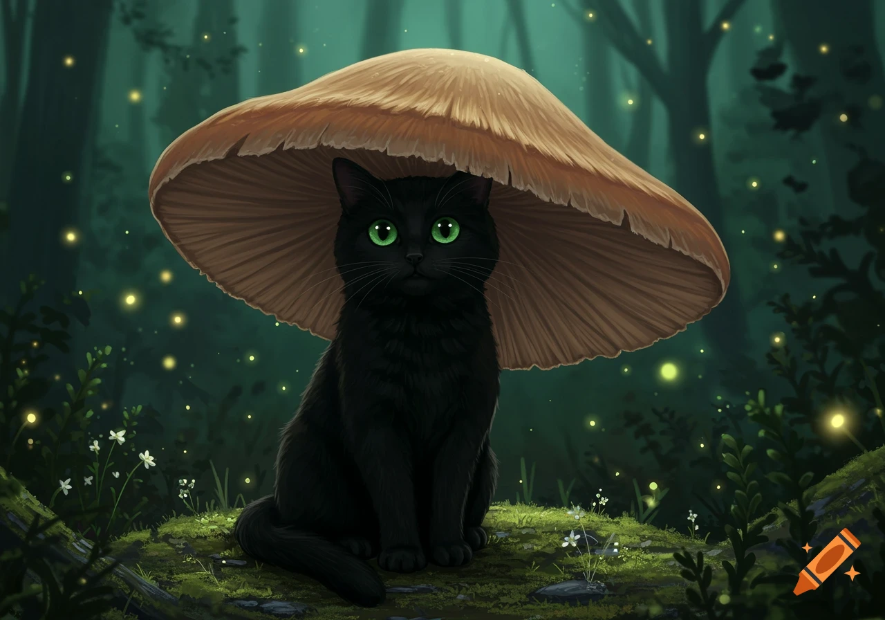 A black cat with bright green eyes sits under a large mushroom in a magical forest with glowing fireflies.
