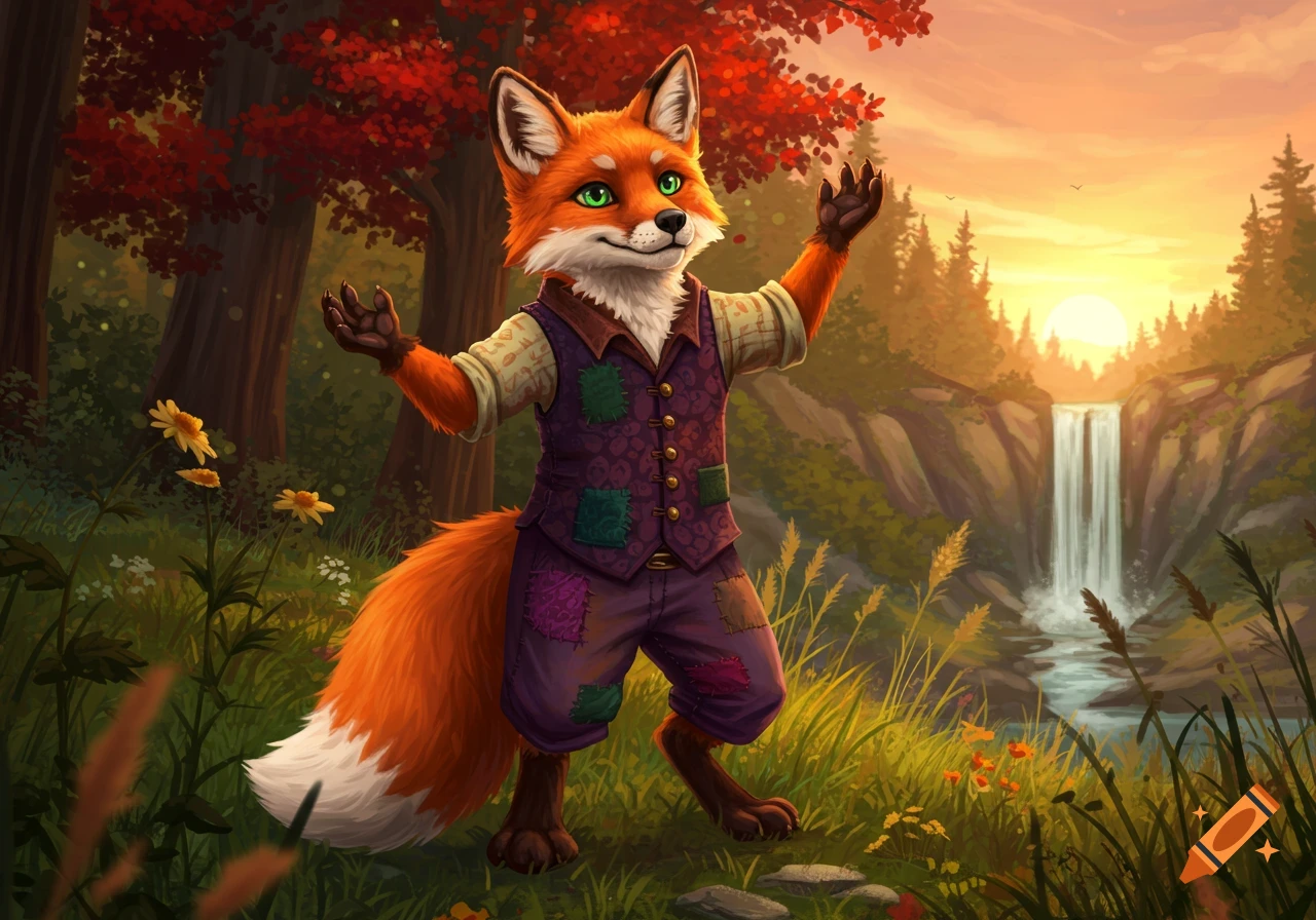 An anthropomorphic fox wearing a purple patched vest stands with outstretched arms in a vibrant forest with a waterfall and sunset.