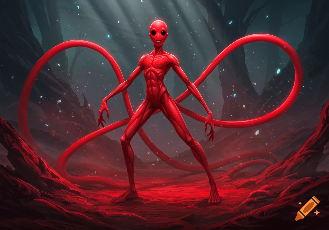 A pure red humanoid creature with a smiley face and elongated limbs stands in a dark, red-tinged landscape, rendered in a digital art style.