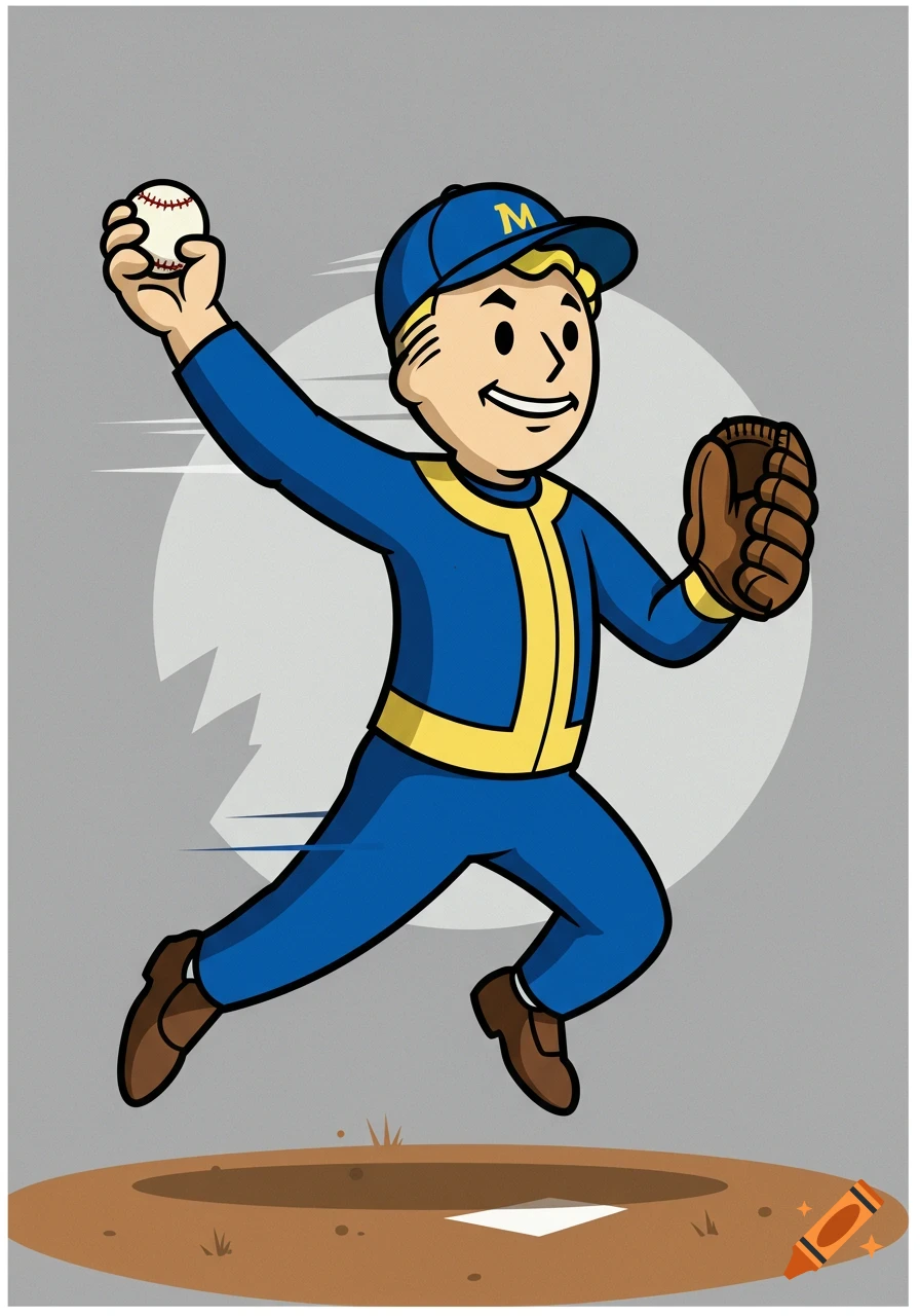 Vault Boy, a cartoon character in a blue and yellow baseball uniform, throws a baseball on a dirt field with a home plate.