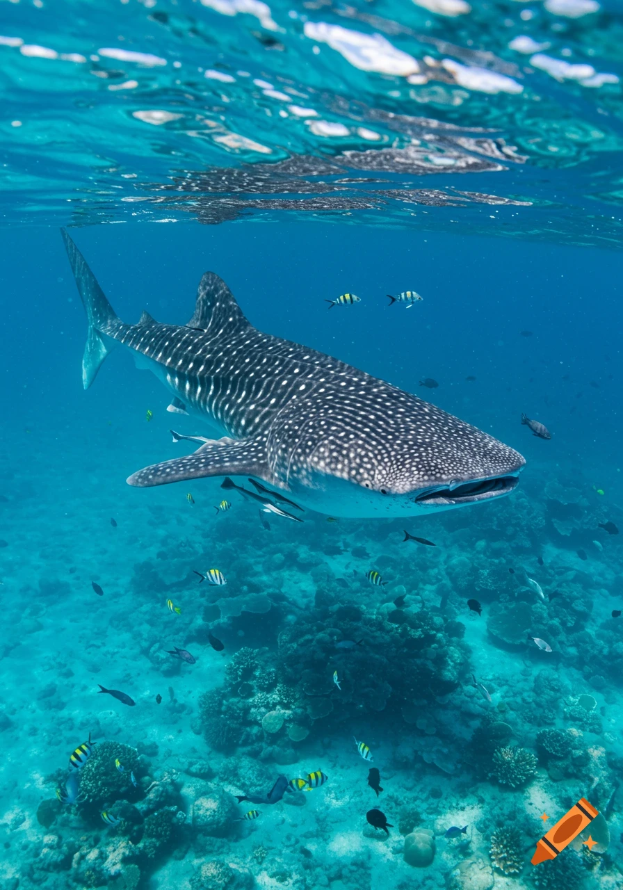 A large photorealistic whale shark swims through clear blue ocean waters above a coral reef, with small fish around it.