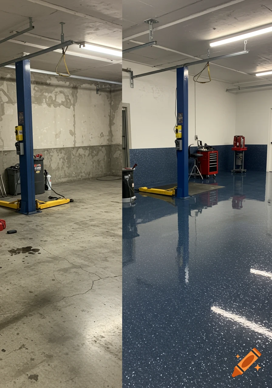 A split image shows a garage before and after renovation, with a dirty concrete floor on the left and a shiny blue epoxy floor on the right.