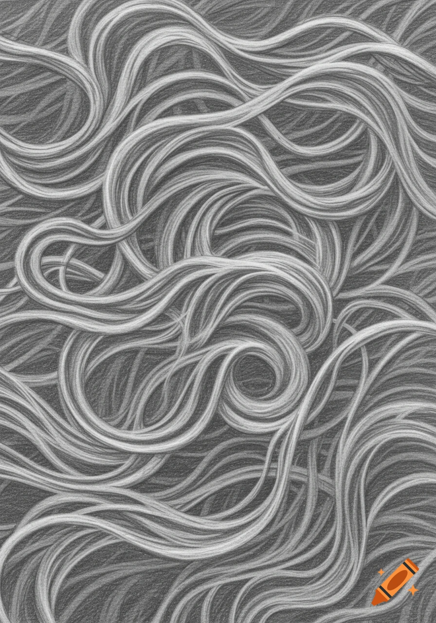Abstract black and white pencil drawing of intertwining wavy lines creating a dense pattern.