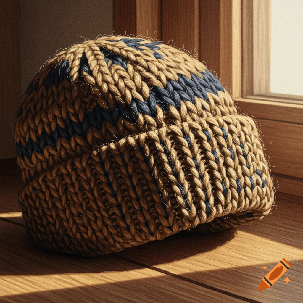 A close-up shot of a knitted beanie in beige and blue, lying on a wooden surface with sunlight streaming across it, creating distinct shadows.