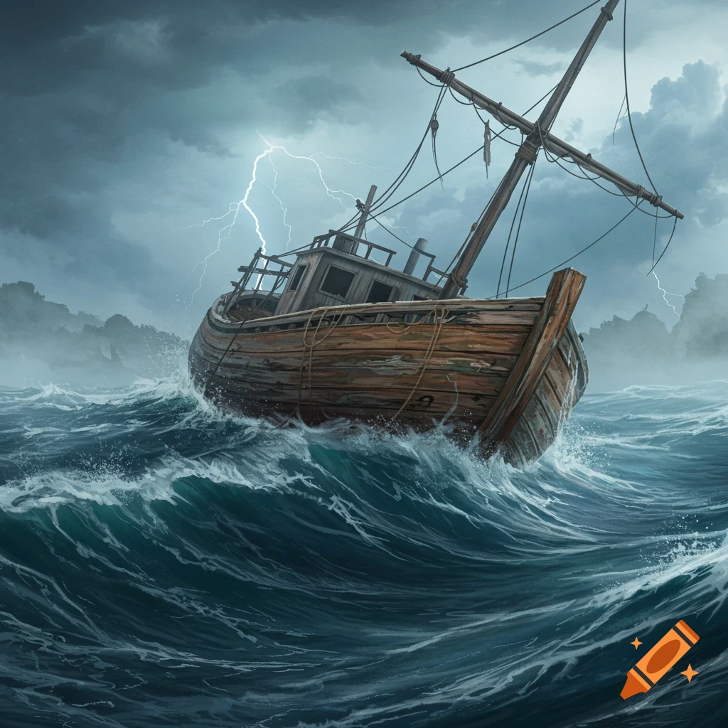 An old wooden boat struggles in rough stormy seas with large waves and lightning striking in the dark sky.