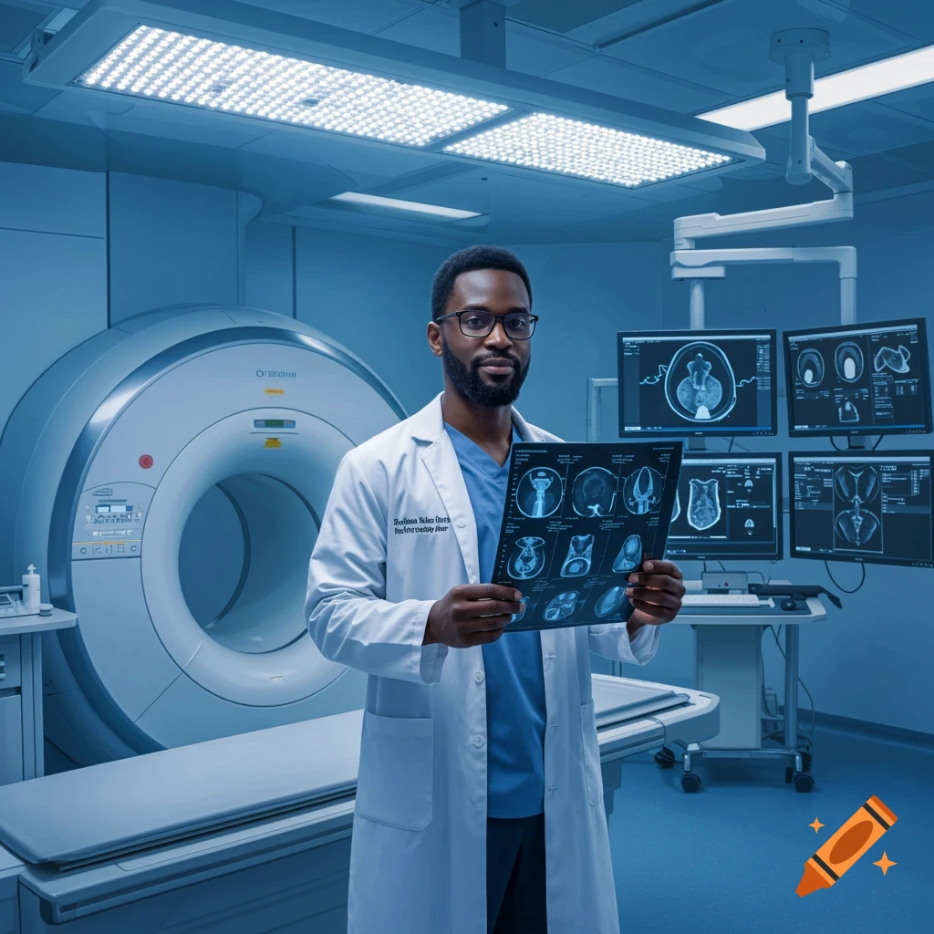 A male doctor with glasses and a beard holds an MRI scan in a modern medical imaging room with an MRI machine and monitors.