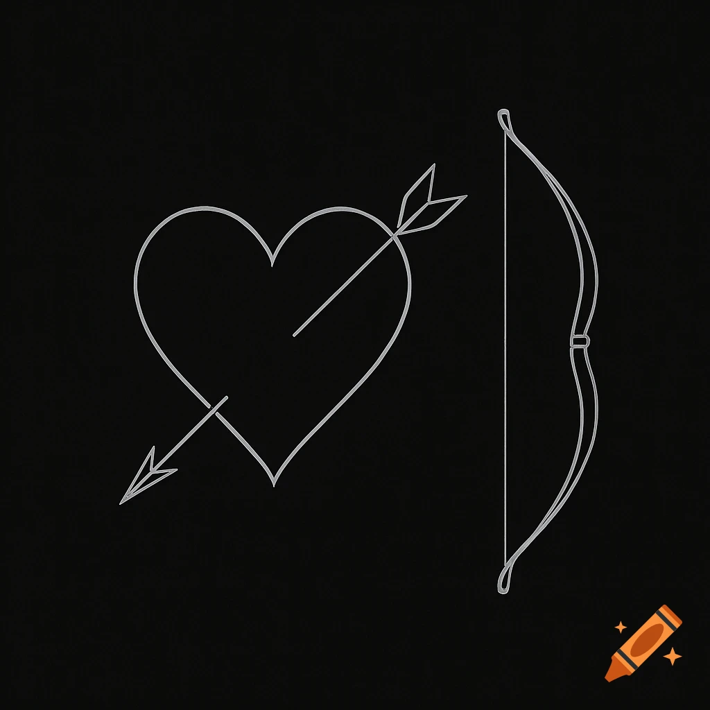 A minimalist white outline of a heart pierced by an arrow, with a bow beside it, on a black background.