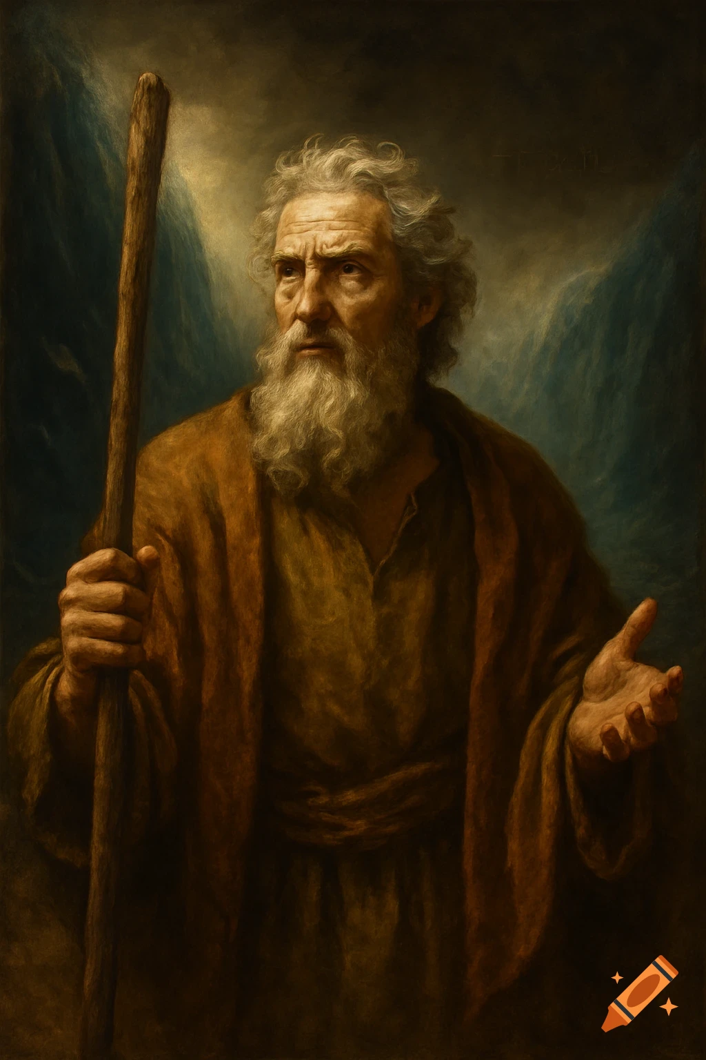Oil painting portrait of an old, bearded man with a staff, like Moses, standing before parted waters.