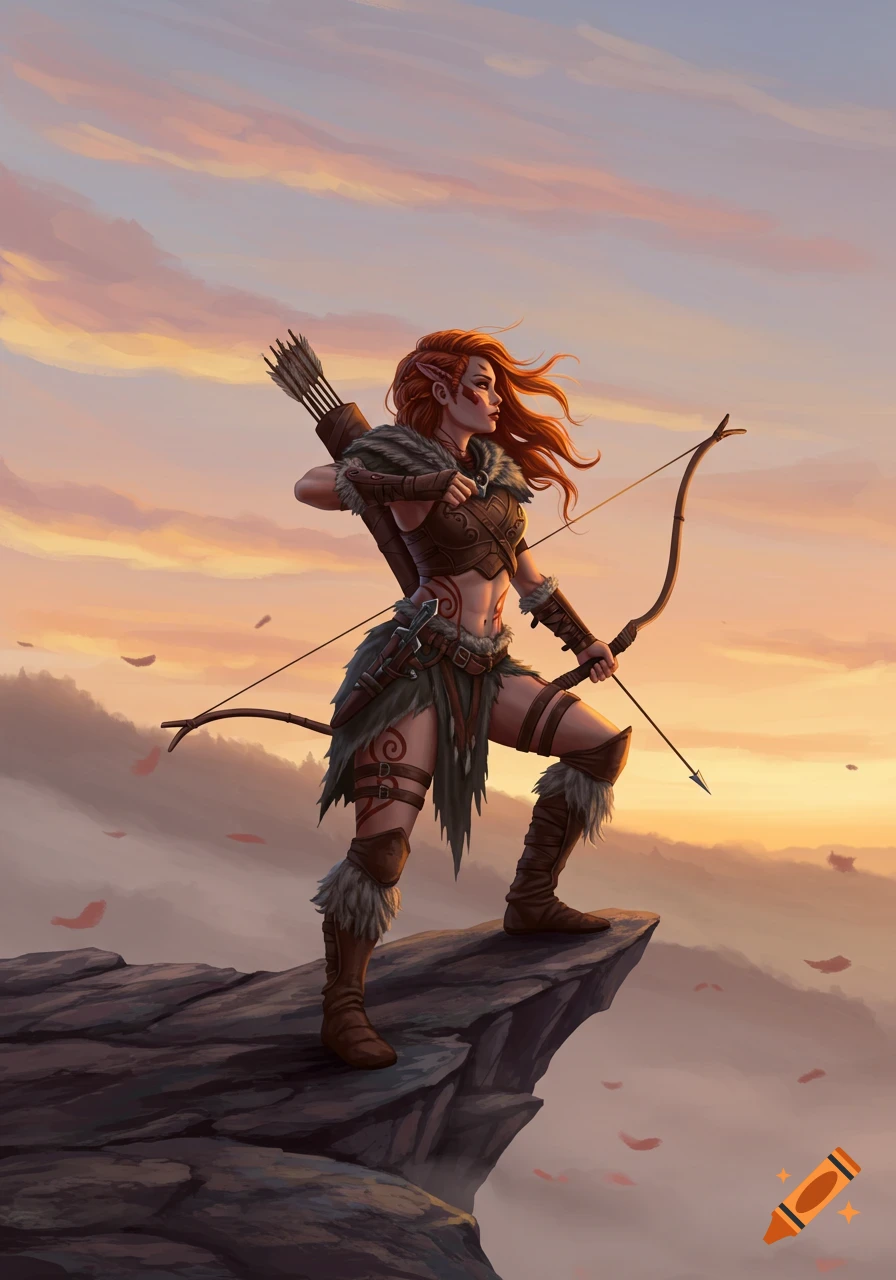 Red-haired female fantasy warrior on a cliff holding a bow and arrow at sunset over misty mountains, digital painting.