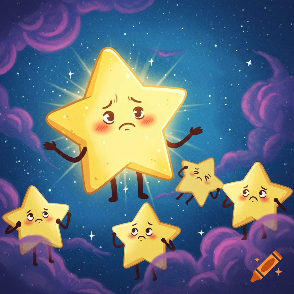 A brightly glowing cartoon star looks ashamed, surrounded by four smaller, sad stars squinting in the night sky with purple clouds.