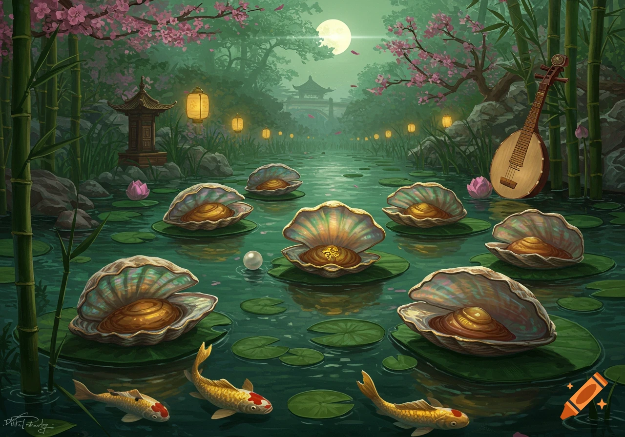 A vibrant, fantasy illustration of large open clams on lily pads in a luminous river with koi, bamboo, and lanterns under a full moon.