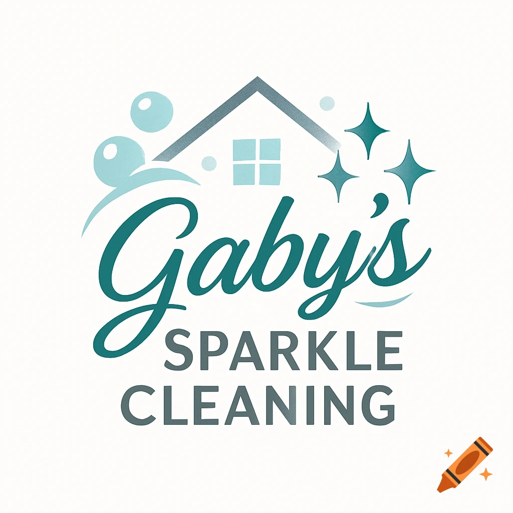 Logo for Gaby's Sparkle Cleaning, featuring a stylized house, bubbles, and sparkles in teal and grey.