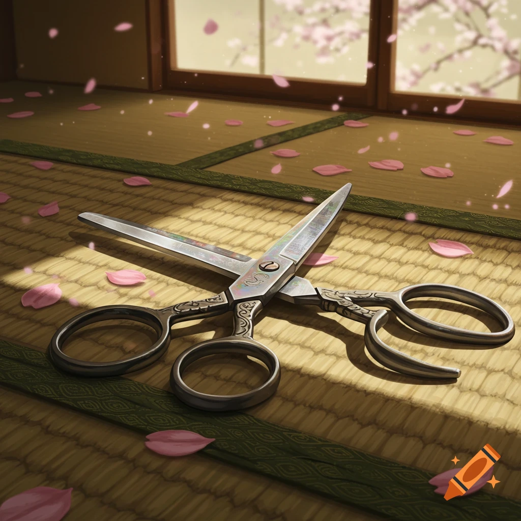 Ornate metal scissors on a tatami mat surrounded by pink cherry blossom petals, digital art.