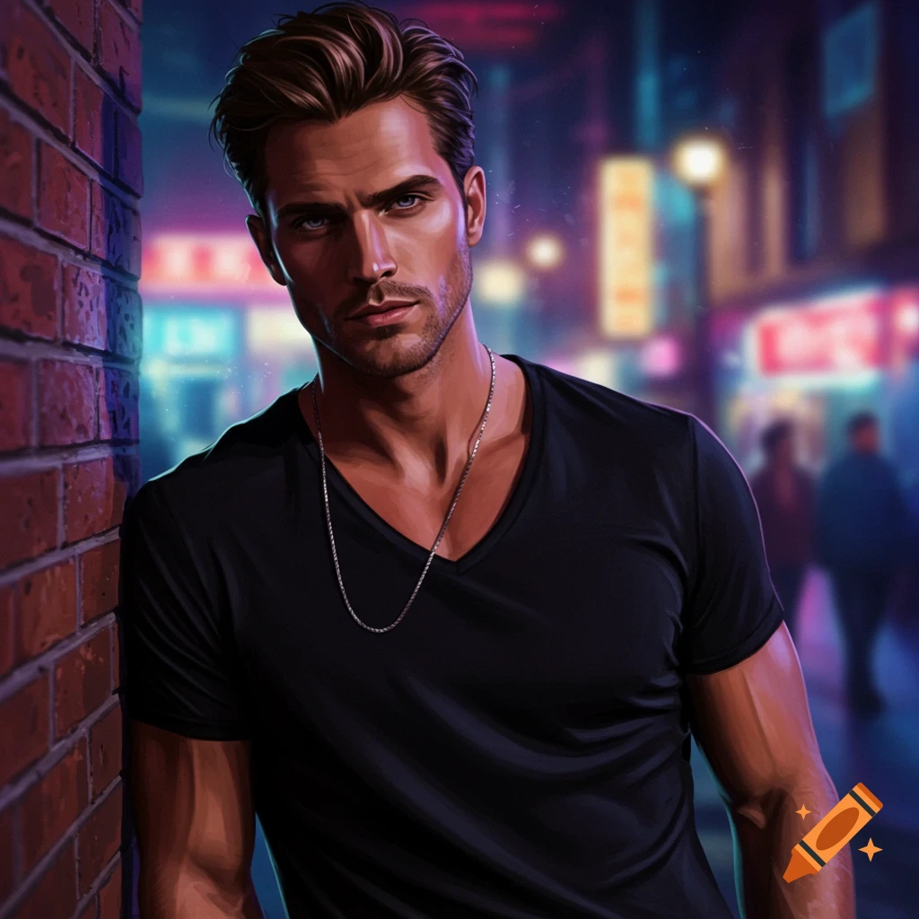 A handsome man in a black V-neck shirt and silver chain leans against a brick wall in a neon-lit city at night.