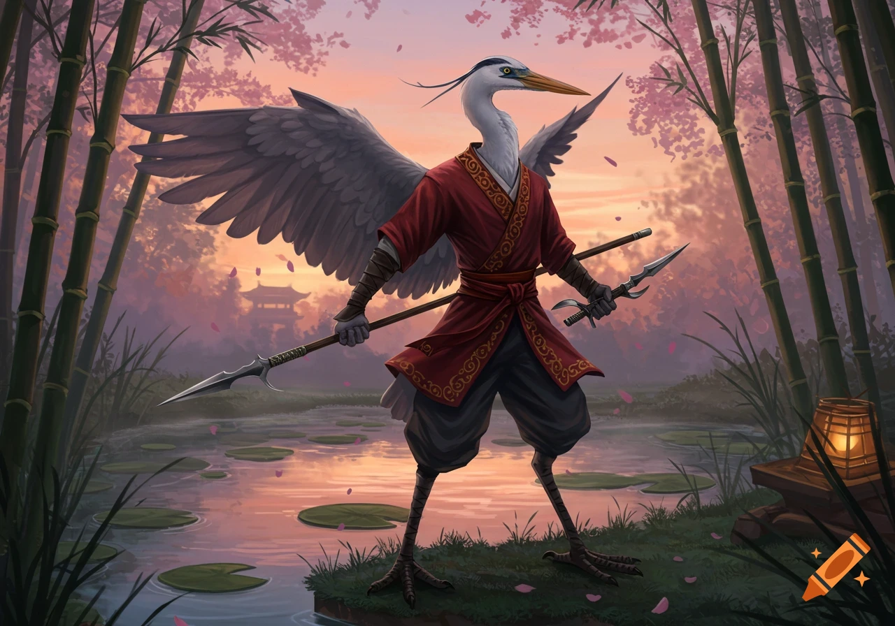 An anthropomorphic heron, dressed in a red martial arts robe, stands in a serene bamboo forest with a pond, holding a spear and a sai.