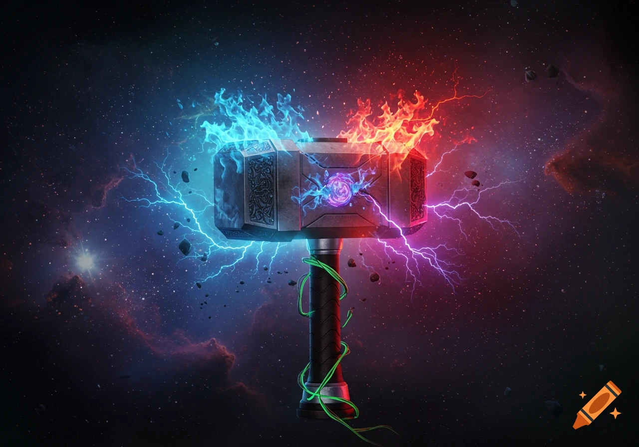 A powerful hammer, resembling Thor's Mjolnir, glowing with blue lightning and red flames against a vibrant space background.