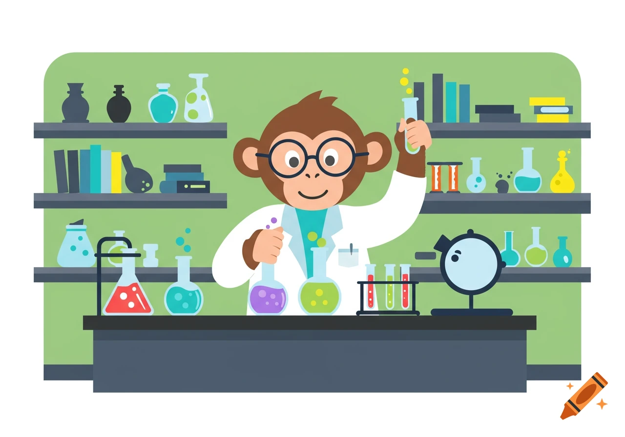 A cartoon monkey in a lab coat and glasses holds a test tube while working in a science lab.