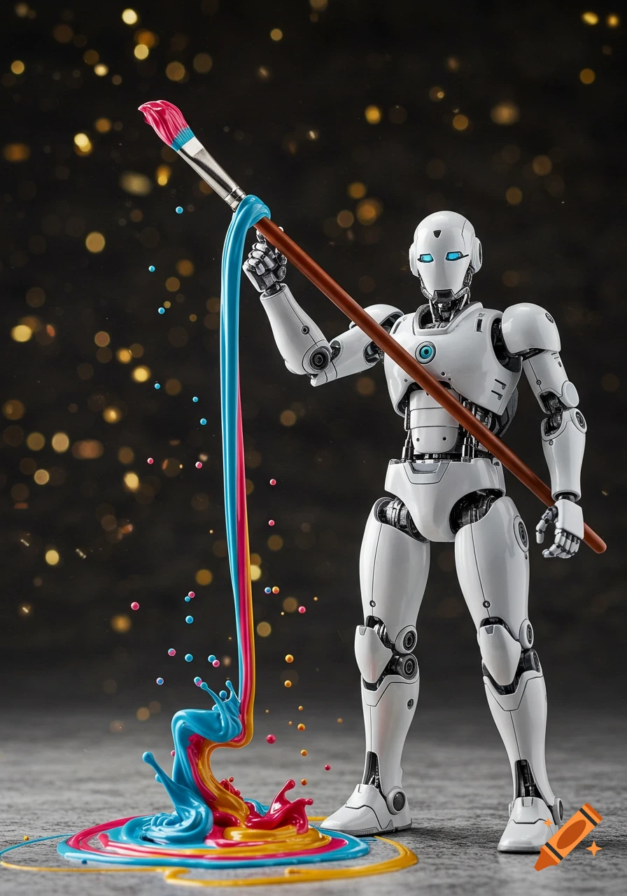 A photorealistic white robot holds a large paintbrush, pouring streams of colorful paint that splash vibrantly on the ground.
