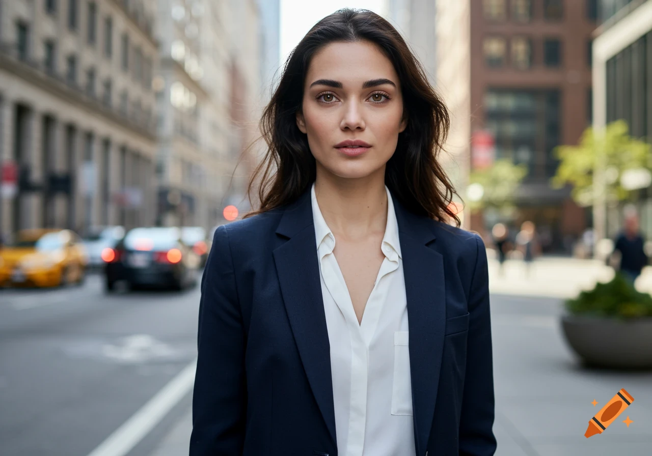A woman with long dark hair and a navy blazer stands on a city street, looking directly at the camera.