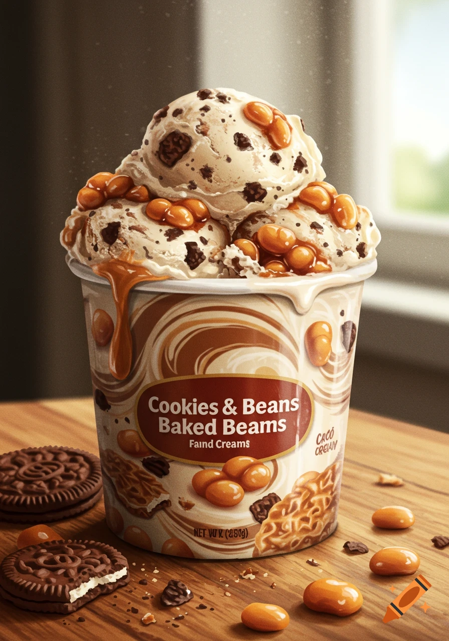 A pint of cookies and beans ice cream with caramel drizzle, topped with scoops of ice cream and beans, on a wooden table with cookies and loose beans.