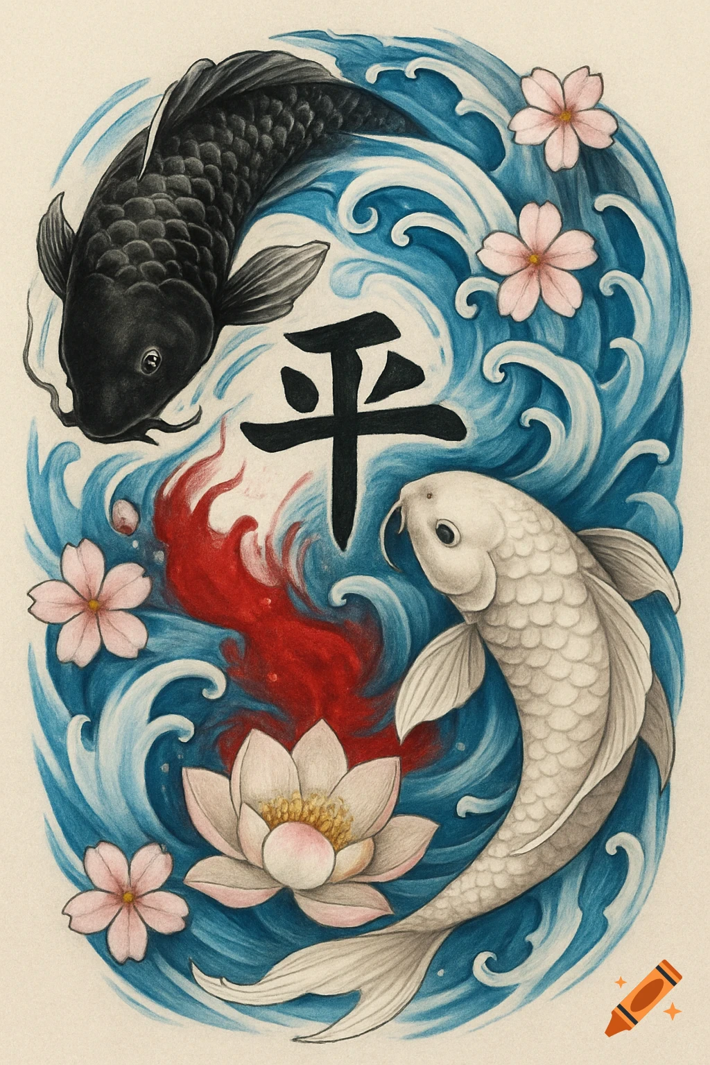 Two koi fish, black and white, swim in blue waves with red and pink flowers, centered by a Japanese character for peace, in an illustrative style.