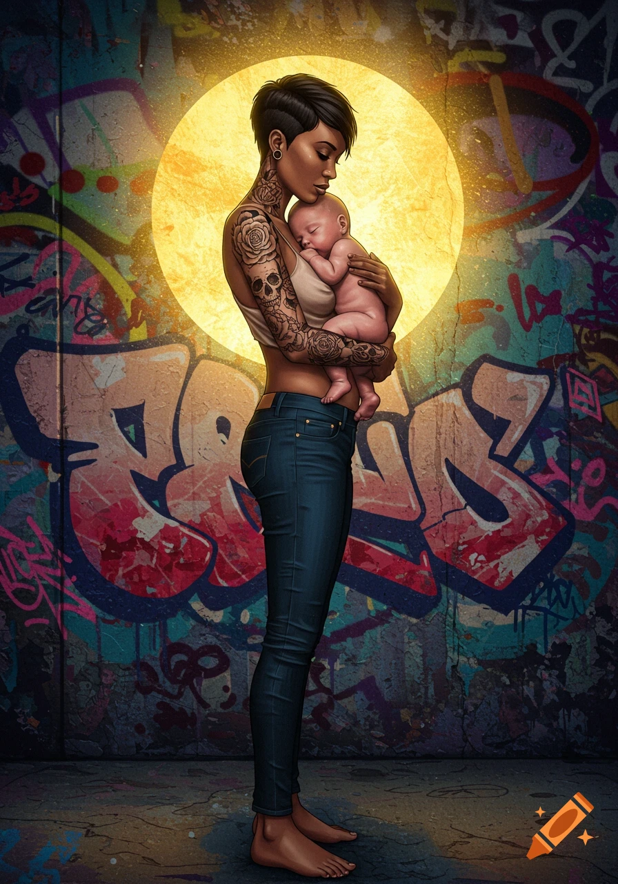 Contemporary mother with full sleeve tattoos holding a sleeping newborn baby in front of a colorful graffiti wall with a bright golden halo.