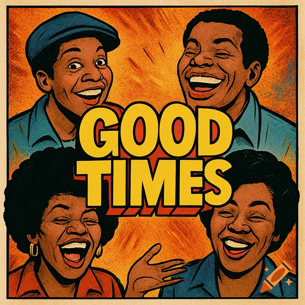 A comic book style album cover for 'Good Times' featuring four Black people laughing joyfully against an orange background.