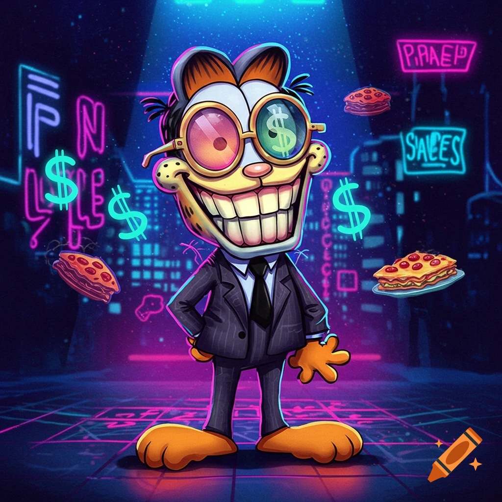 A cartoon character, a blend of Garfield and Spamton, in a suit with dollar sign glasses, standing in a neon-lit cyberpunk city, with pizza slices and dollar signs floating around.