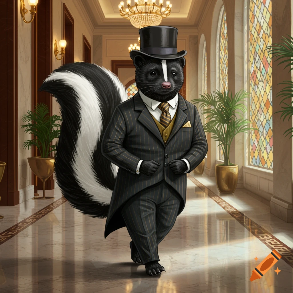A photorealistic illustration of a skunk wearing a pinstripe business suit and top hat, walking down an elegant hallway.