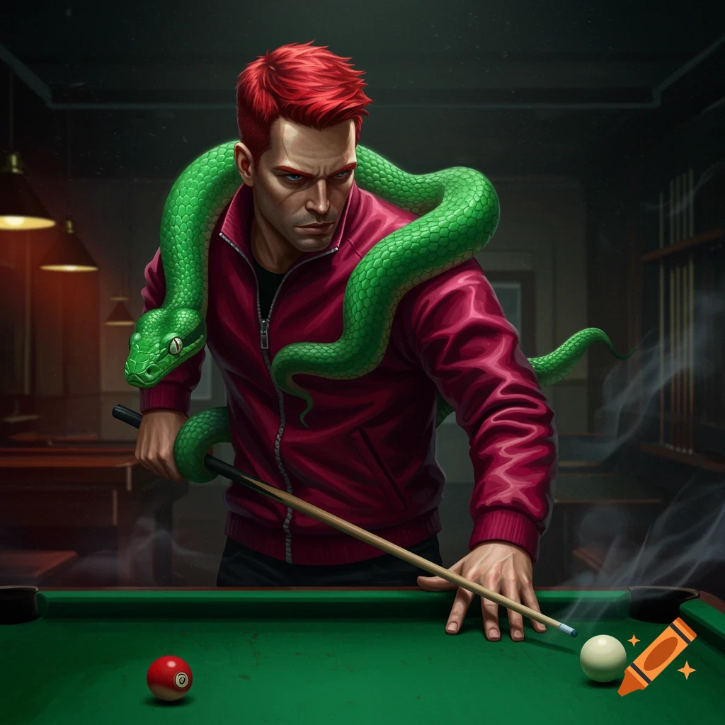 A red-haired man with a large green snake on his shoulders plays pool in a dimly lit room, holding a cue stick. Stylized art.