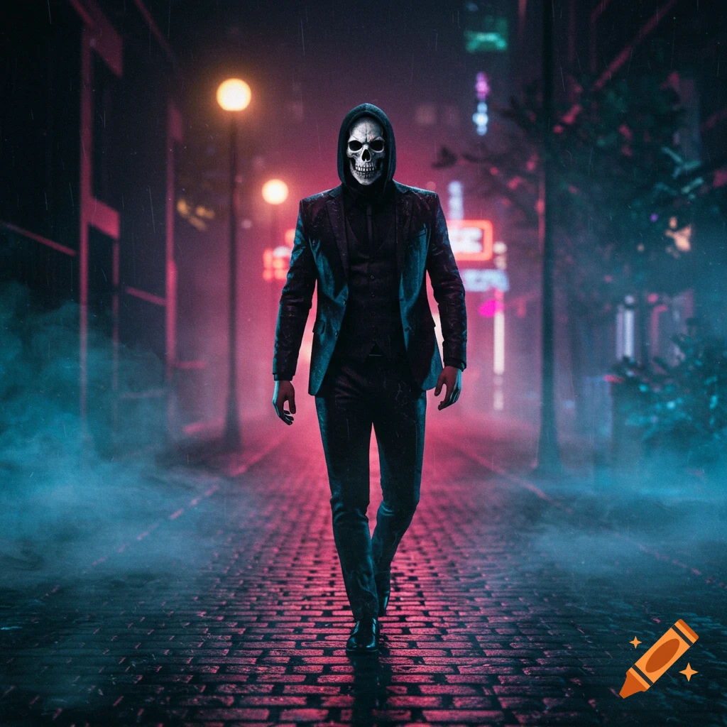 A mystery man in a black suit with a skull mask walks down a neon-lit, wet cobblestone street at night.