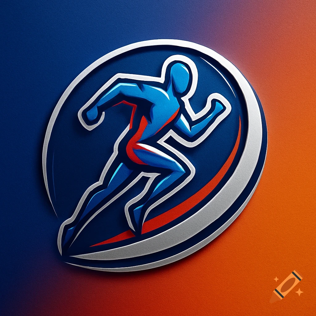 A stylized blue and orange silhouette of a runner in a silver oval logo on a gradient background.
