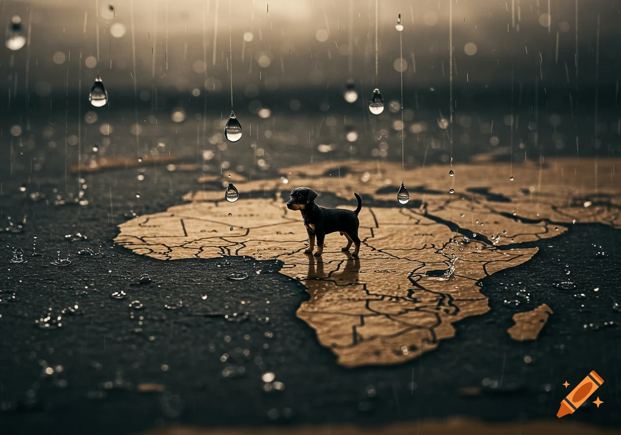 A small black dog stands on a map of Africa as rain falls, creating ripples on the wet surface.