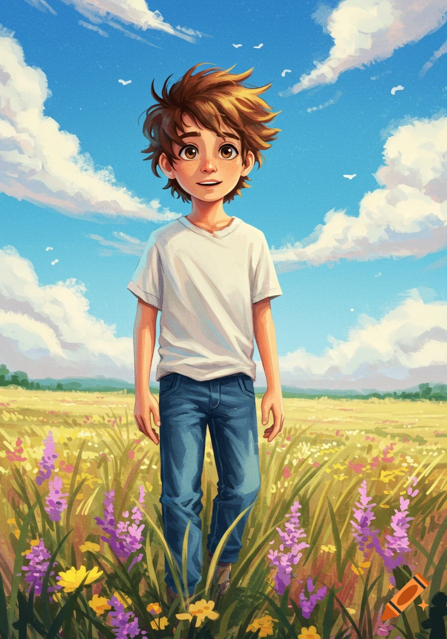 An illustrated boy with messy brown hair stands in a field of colorful wildflowers under a blue sky with clouds.