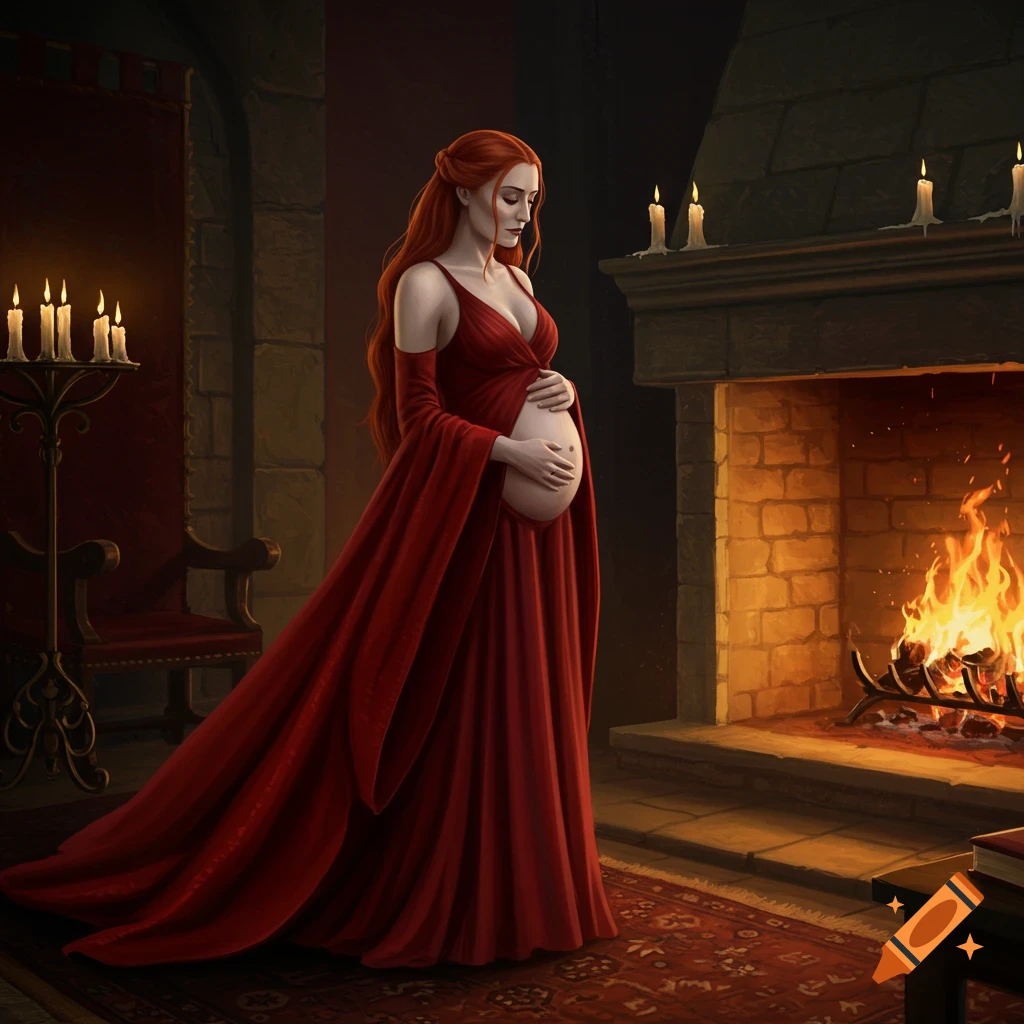 A pregnant woman with long red hair, wearing a flowing red gown, stands by a lit fireplace in a dimly lit, medieval-style room.