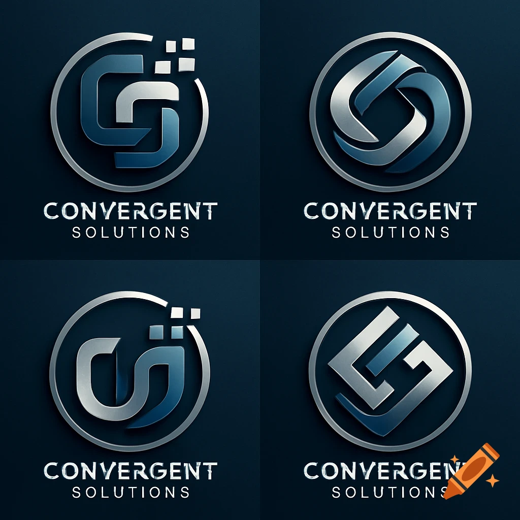 Four modern, metallic logos for "Convergent Solutions" with abstract geometric designs, set on a dark background.