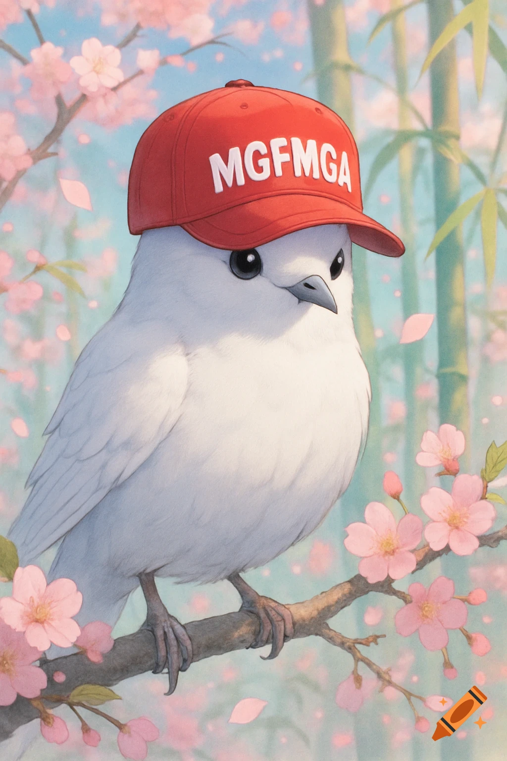An anime-style white bird wearing a red baseball cap with 'MGFMGA' printed on it, perched on a cherry blossom branch.