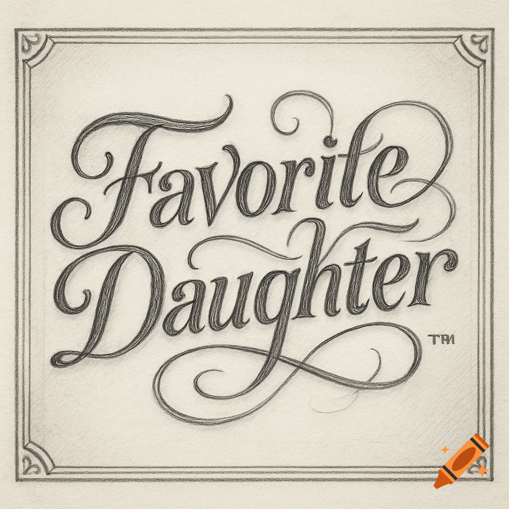 Pencil drawing of the words 'Favorite Daughter' in an elegant, flowing calligraphic script, surrounded by a decorative border.